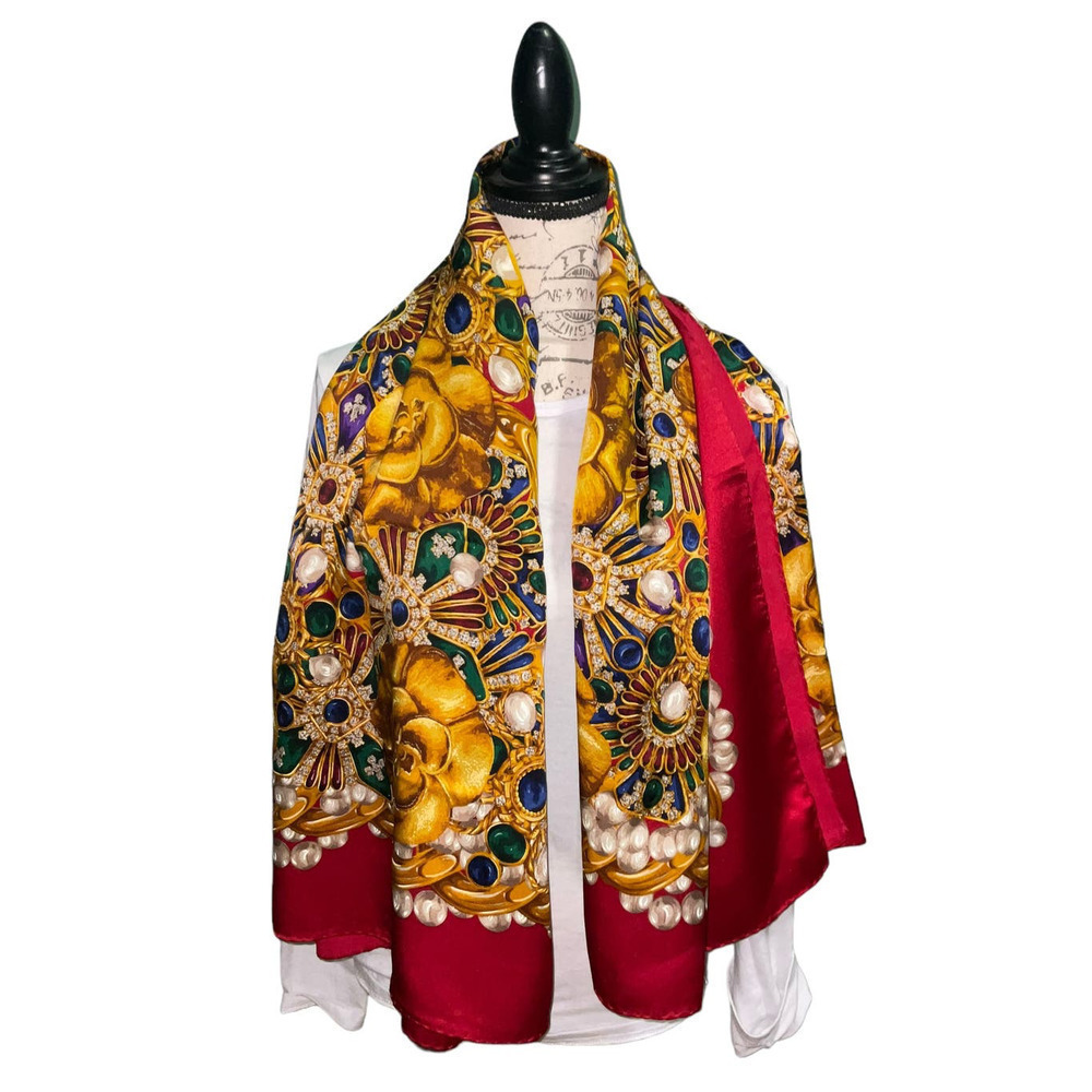 Chanel Iconic 54” Silk Shawl Jewel Camellia Motif Multicolor Large Scarf Wrap